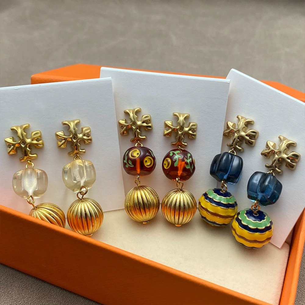 Tory Burch Gold Plated Inlaid Double Ball Earrings
